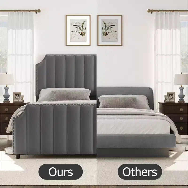 Cadre de lit WhizMax Grand lit/Très grand lit avec tête de lit de 127,5 cm de hauteur, cadre de lit Queen en velours avec tête et pied de lit touffetés à canaux verticaux