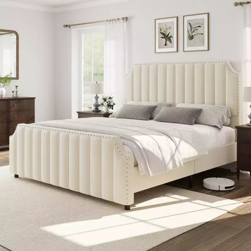 Cadre de lit WhizMax Grand lit/Très grand lit avec tête de lit de 127,5 cm de hauteur, cadre de lit Queen en velours avec tête et pied de lit touffetés à canaux verticaux