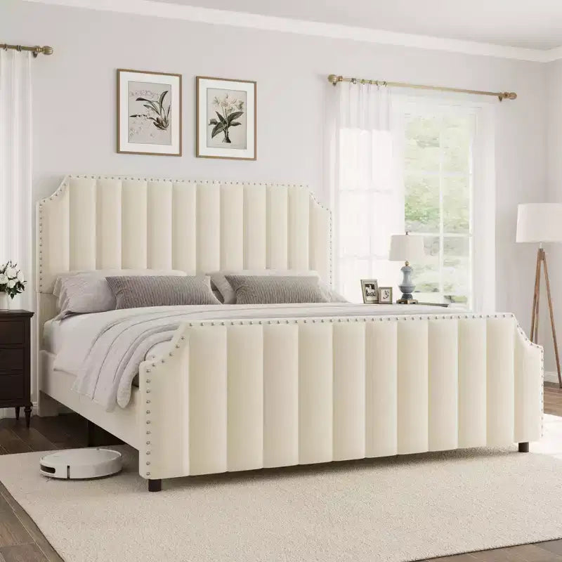 Cadre de lit WhizMax Grand lit/Très grand lit avec tête de lit de 127,5 cm de hauteur, cadre de lit Queen en velours avec tête et pied de lit touffetés à canaux verticaux