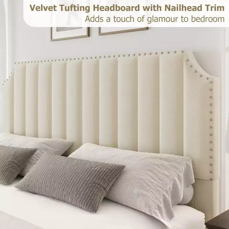 Cadre de lit WhizMax Grand lit/Très grand lit avec tête de lit de 127,5 cm de hauteur, cadre de lit Queen en velours avec tête et pied de lit touffetés à canaux verticaux