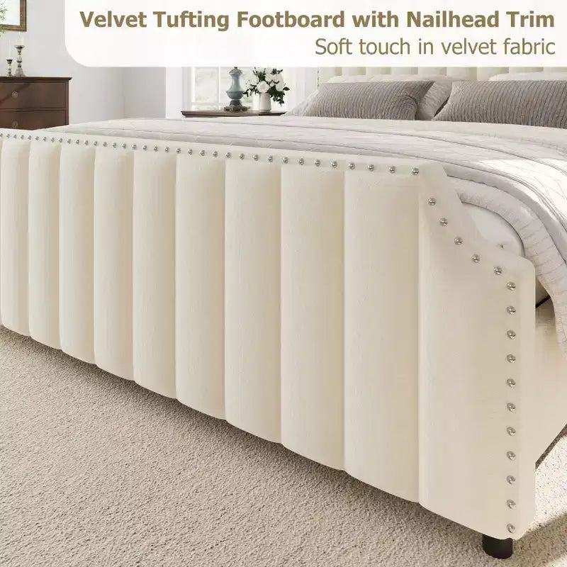 Cadre de lit WhizMax Grand lit/Très grand lit avec tête de lit de 127,5 cm de hauteur, cadre de lit Queen en velours avec tête et pied de lit touffetés à canaux verticaux