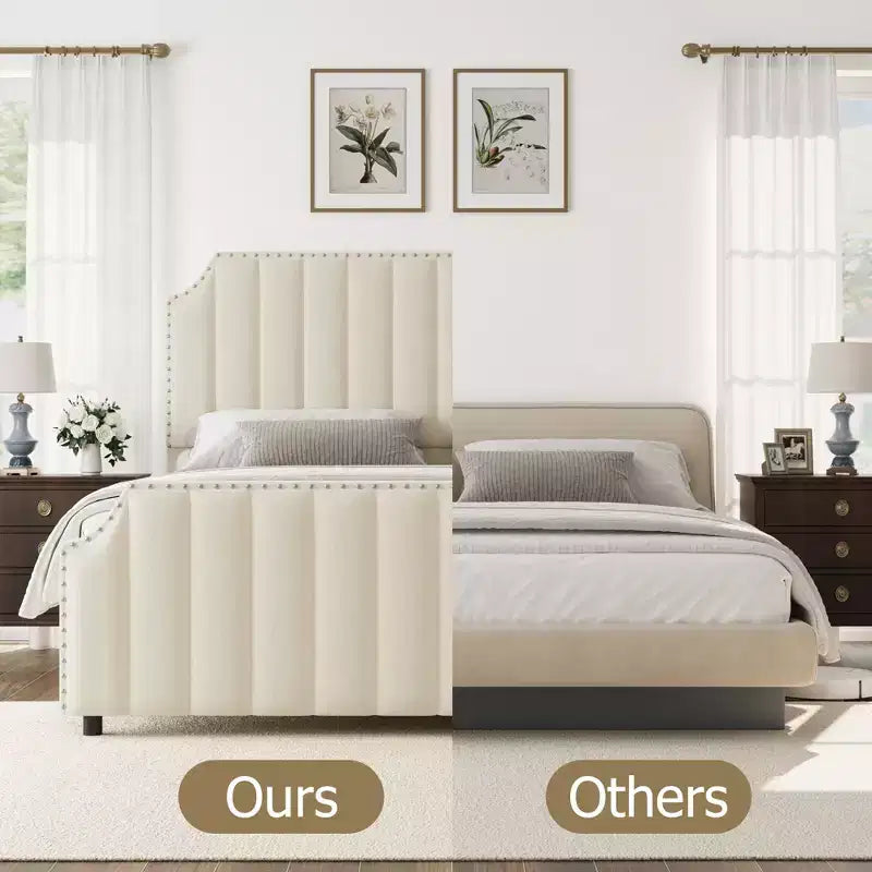 Cadre de lit WhizMax Grand lit/Très grand lit avec tête de lit de 127,5 cm de hauteur, cadre de lit Queen en velours avec tête et pied de lit touffetés à canaux verticaux