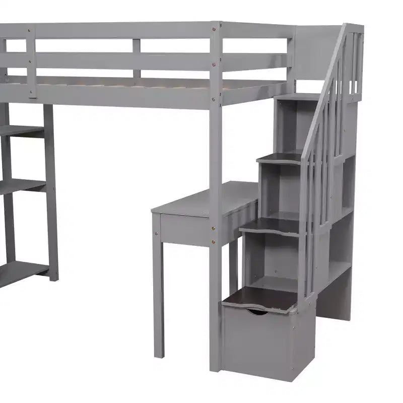 Whisen 94.40''L 41.80''W Lit mezzanine double en bois au design moderne avec tiroirs de rangement, bureau et escalier