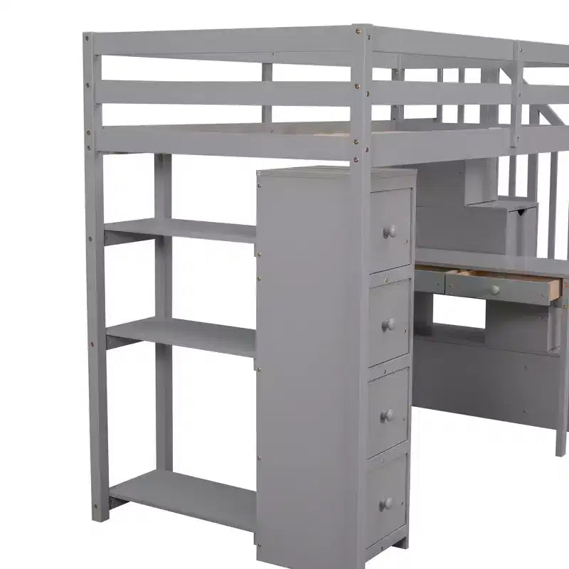 Whisen 94.40''L 41.80''W Lit mezzanine double en bois au design moderne avec tiroirs de rangement, bureau et escalier