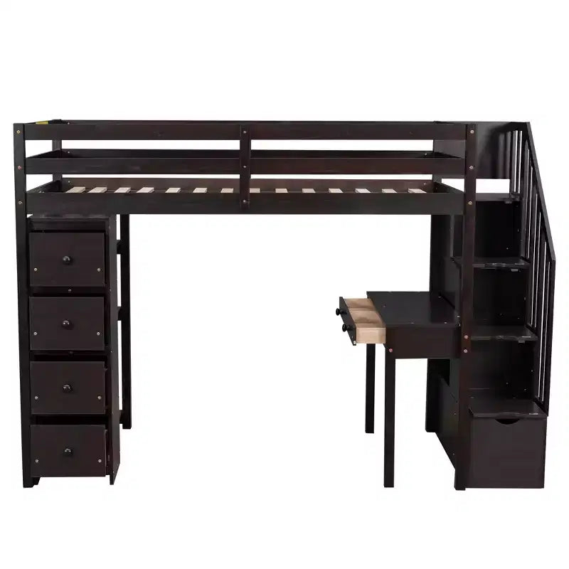Whisen 94.40''L 41.80''W Lit mezzanine double en bois au design moderne avec tiroirs de rangement, bureau et escalier