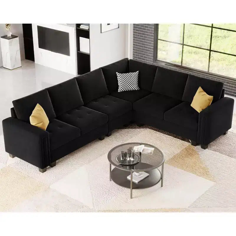 Canapé d'angle modulable 6 places en velours capitonné Belffin avec pouf de rangement