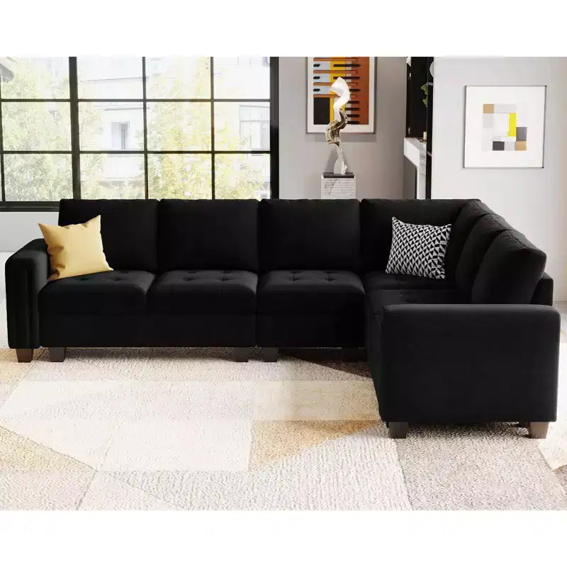 Canapé d'angle modulable 6 places en velours capitonné Belffin avec pouf de rangement