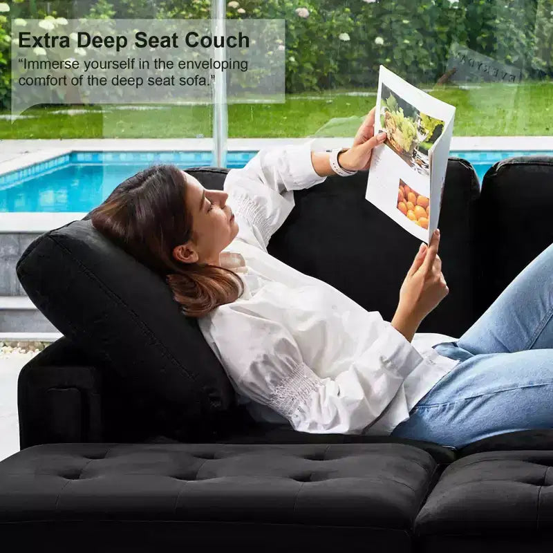 Canapé d'angle modulable 6 places en velours capitonné Belffin avec pouf de rangement