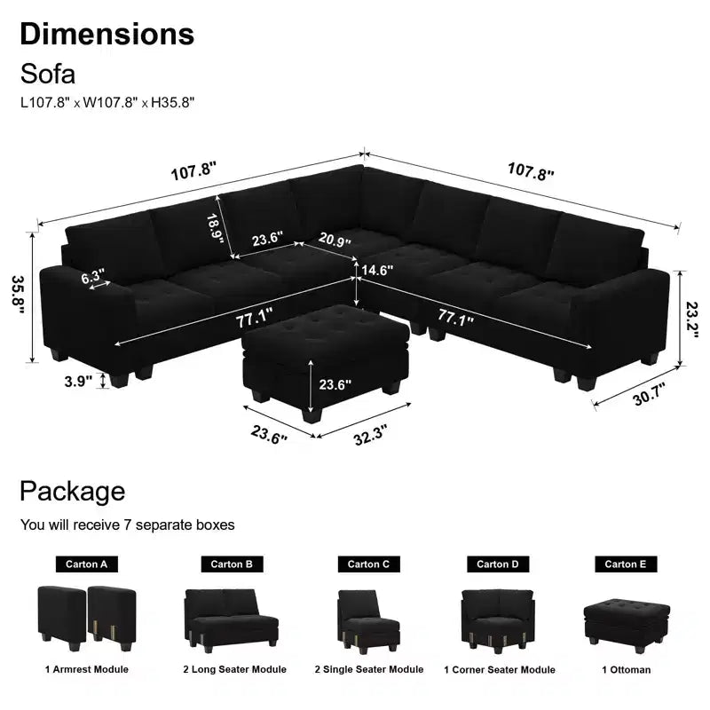 Canapé d'angle modulable 6 places en velours capitonné Belffin avec pouf de rangement