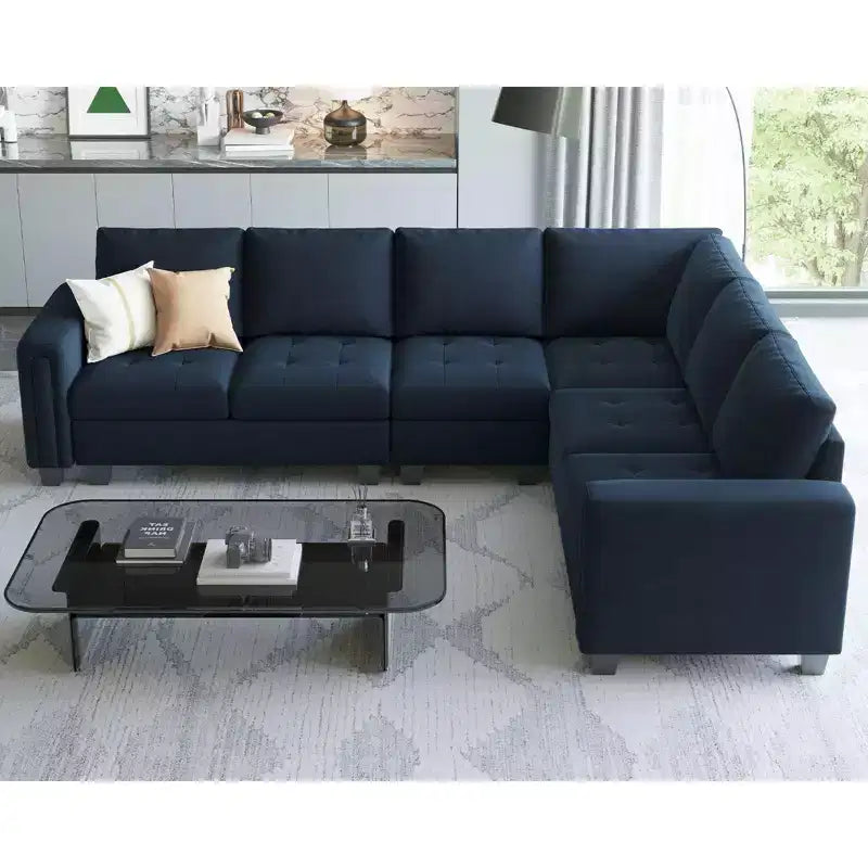Canapé d'angle modulable 6 places en velours capitonné Belffin avec pouf de rangement