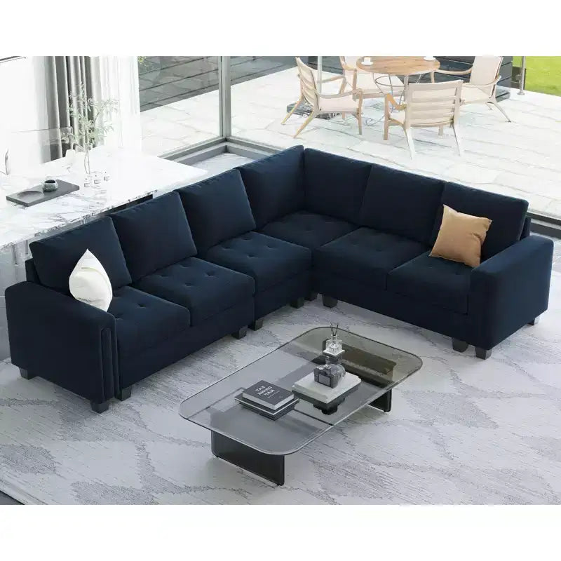 Canapé d'angle modulable 6 places en velours capitonné Belffin avec pouf de rangement