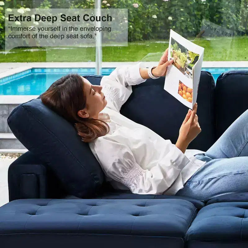 Canapé d'angle modulable 6 places en velours capitonné Belffin avec pouf de rangement
