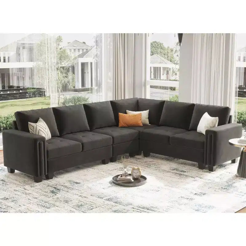 Canapé d'angle modulable 6 places en velours capitonné Belffin avec pouf de rangement