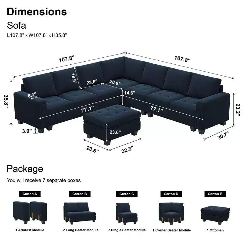 Canapé d'angle modulable 6 places en velours capitonné Belffin avec pouf de rangement