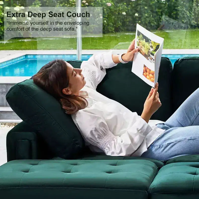 Canapé d'angle modulable 6 places en velours capitonné Belffin avec pouf de rangement