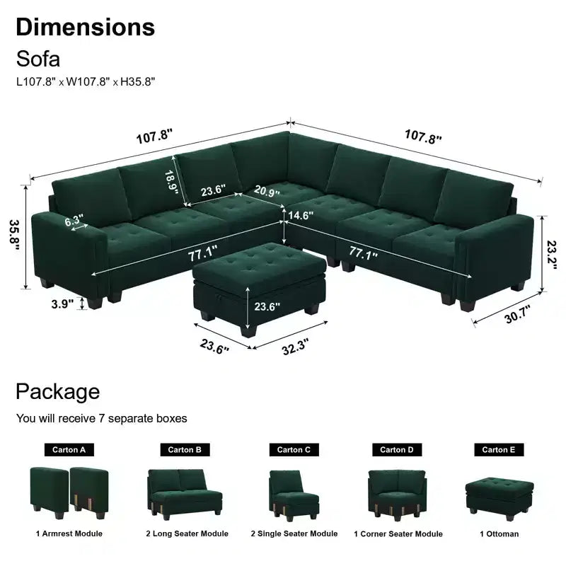 Canapé d'angle modulable 6 places en velours capitonné Belffin avec pouf de rangement