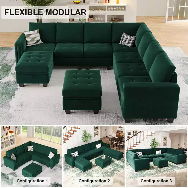Canapé d'angle modulable 6 places en velours capitonné Belffin avec pouf de rangement