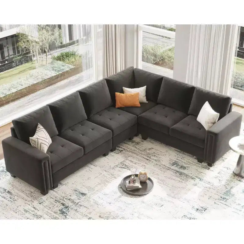 Canapé d'angle modulable 6 places en velours capitonné Belffin avec pouf de rangement