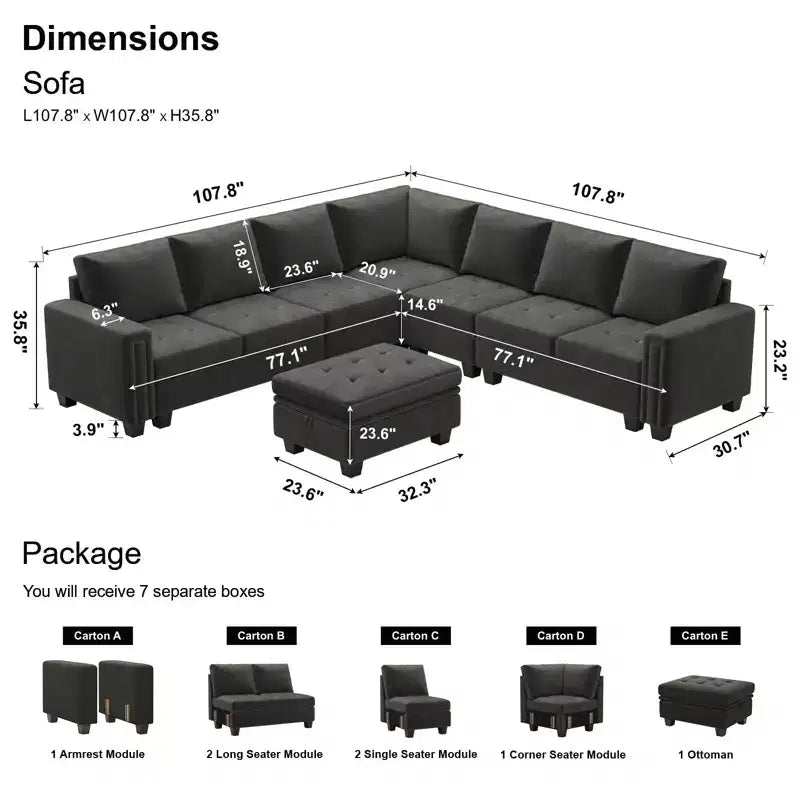 Canapé d'angle modulable 6 places en velours capitonné Belffin avec pouf de rangement