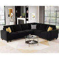 Canapé d'angle modulable 6 places en velours capitonné Belffin avec pouf de rangement