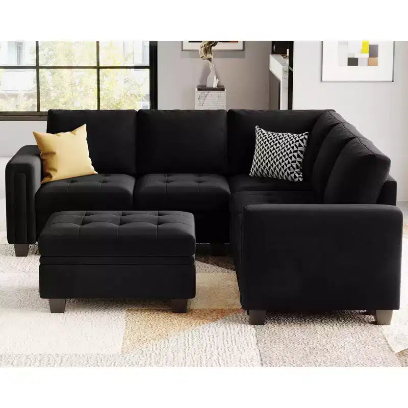 Canapé d'angle modulable Belffin en velours capitonné en forme de L avec pouf de rangement Canapé sectionnel avec méridiennes réversibles