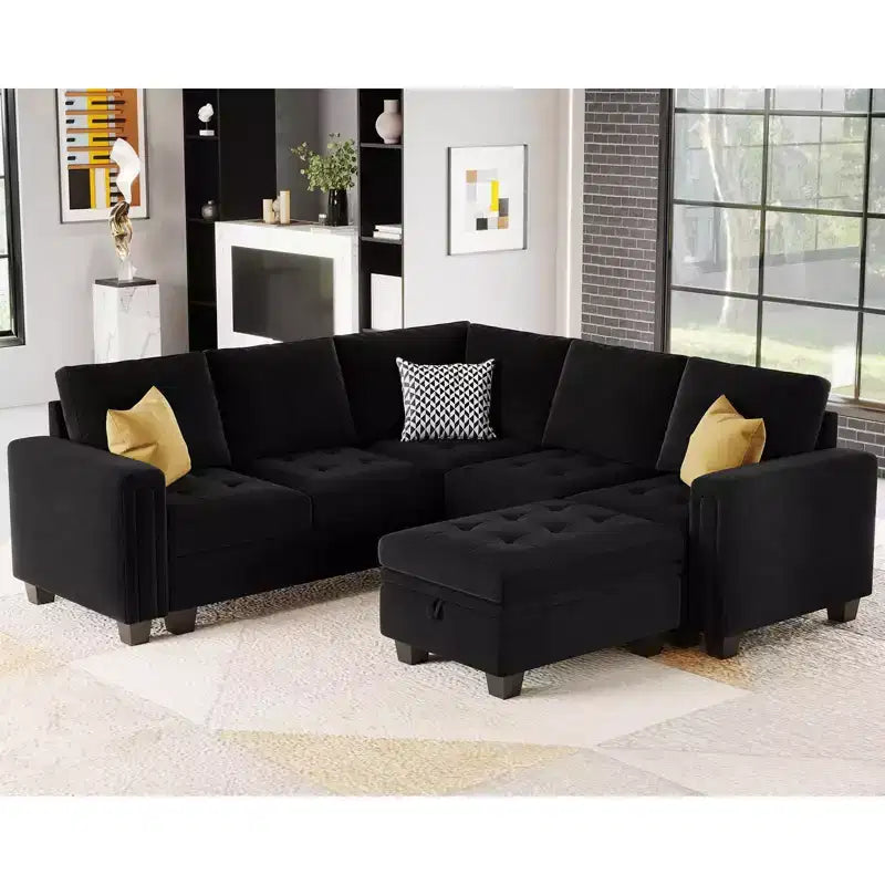 Canapé d'angle modulable Belffin en velours capitonné en forme de L avec pouf de rangement Canapé sectionnel avec méridiennes réversibles
