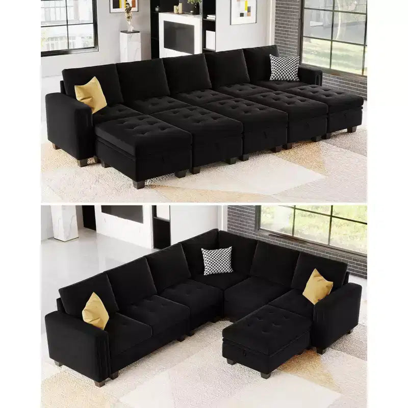 Canapé d'angle modulable Belffin en velours capitonné en forme de L avec pouf de rangement Canapé sectionnel avec méridiennes réversibles
