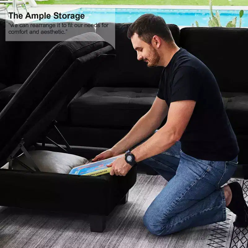 Canapé d'angle modulable Belffin en velours capitonné en forme de L avec pouf de rangement Canapé sectionnel avec méridiennes réversibles