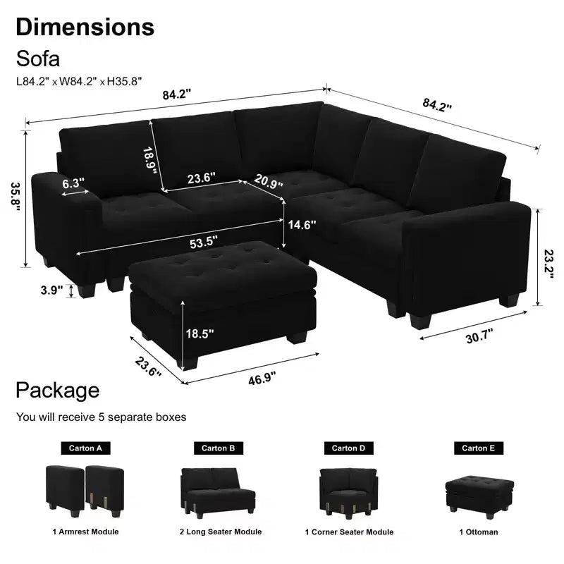 Canapé d'angle modulable Belffin en velours capitonné en forme de L avec pouf de rangement Canapé sectionnel avec méridiennes réversibles