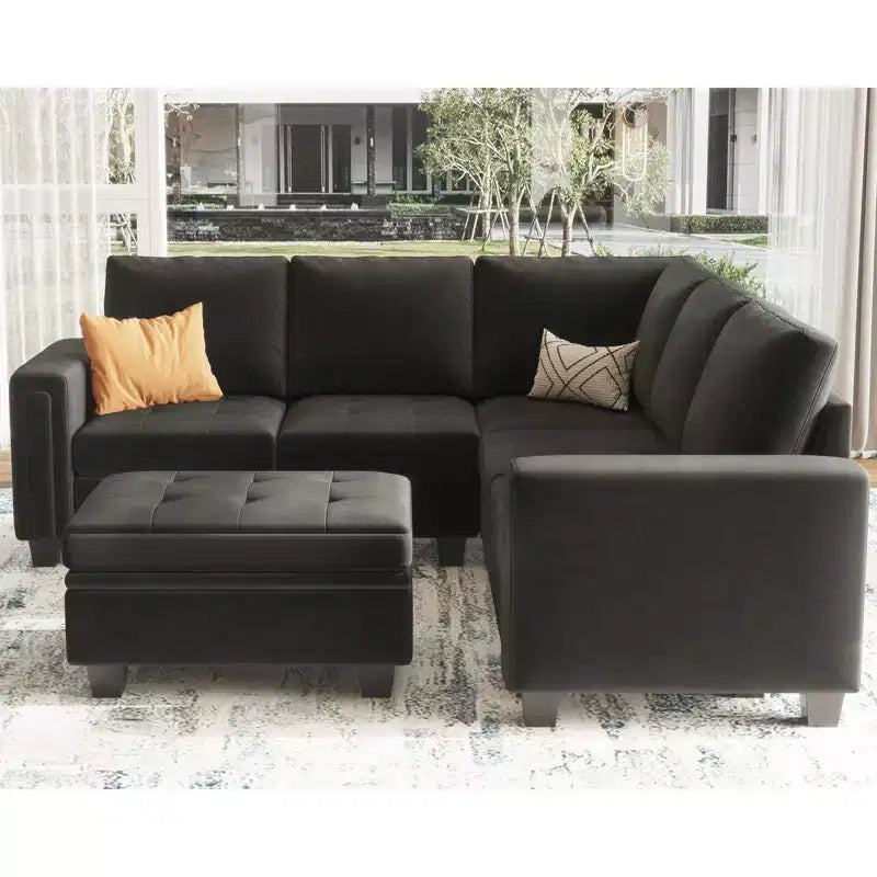 Canapé d'angle modulable Belffin en velours capitonné en forme de L avec pouf de rangement Canapé sectionnel avec méridiennes réversibles