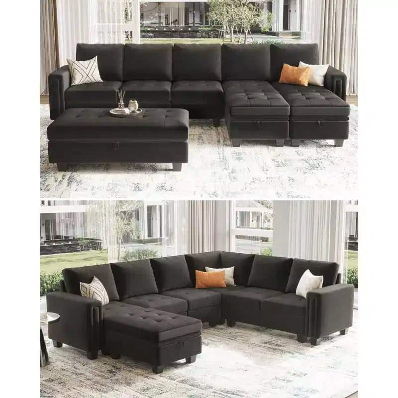 Canapé d'angle modulable Belffin en velours capitonné en forme de L avec pouf de rangement Canapé sectionnel avec méridiennes réversibles
