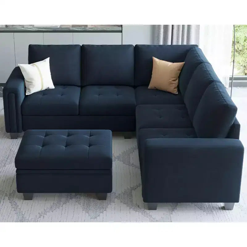 Canapé d'angle modulable Belffin en velours capitonné en forme de L avec pouf de rangement Canapé sectionnel avec méridiennes réversibles