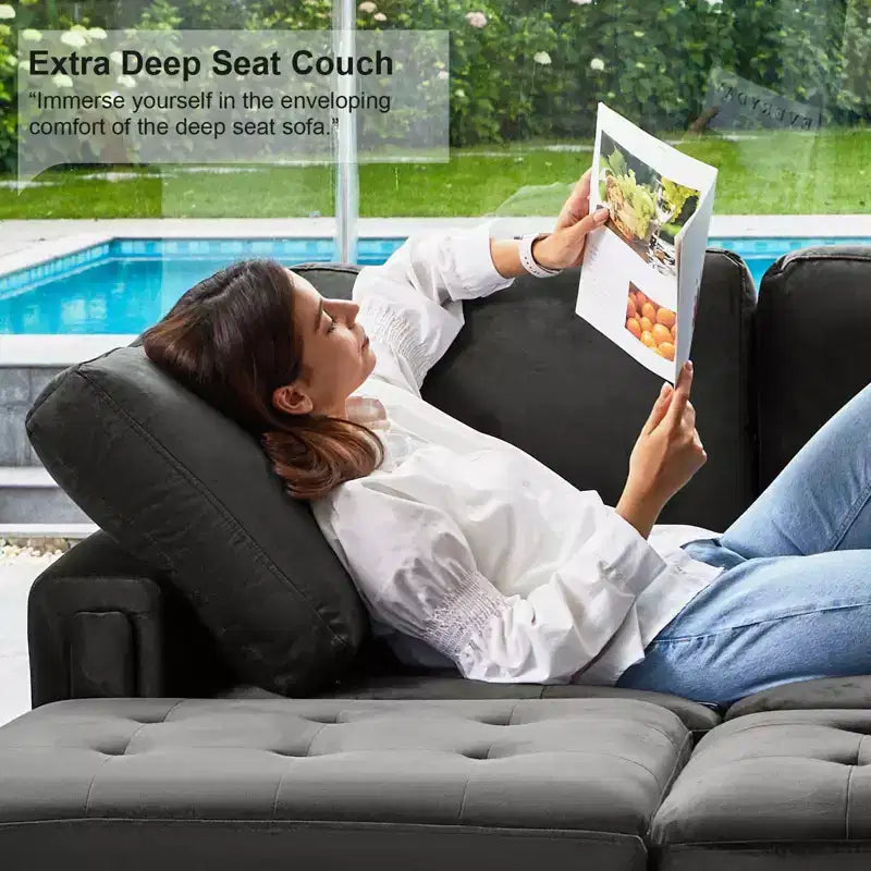Canapé d'angle modulable Belffin en velours capitonné en forme de L avec pouf de rangement Canapé sectionnel avec méridiennes réversibles