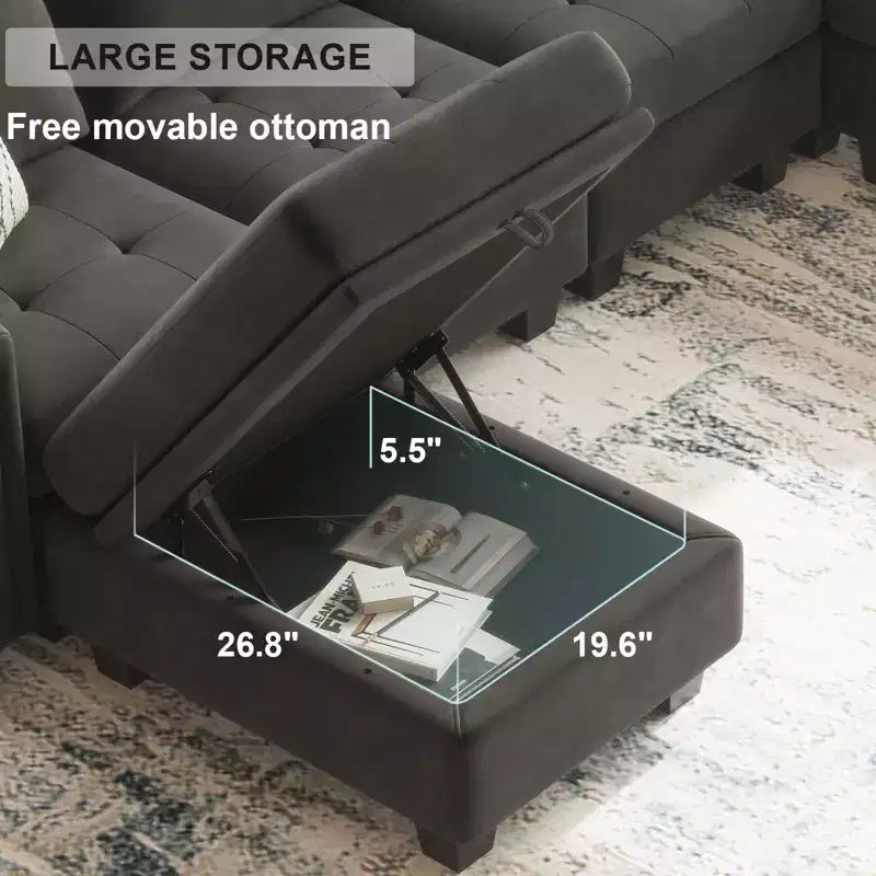 Canapé d'angle modulable Belffin en velours capitonné en forme de L avec pouf de rangement Canapé sectionnel avec méridiennes réversibles