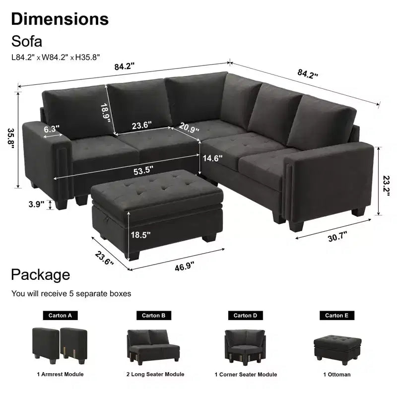 Canapé d'angle modulable Belffin en velours capitonné en forme de L avec pouf de rangement Canapé sectionnel avec méridiennes réversibles