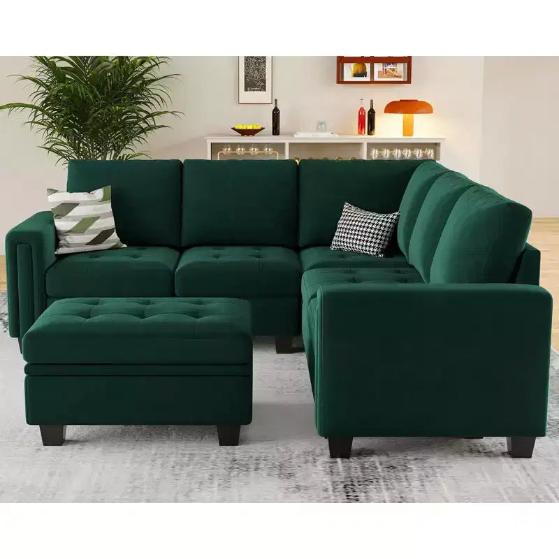 Canapé d'angle modulable Belffin en velours capitonné en forme de L avec pouf de rangement Canapé sectionnel avec méridiennes réversibles
