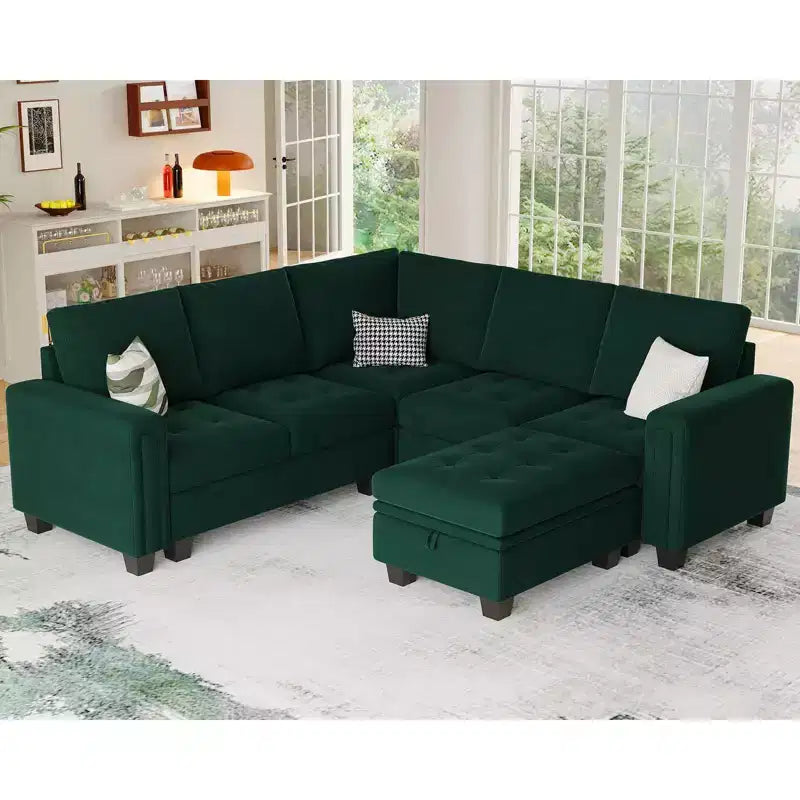 Canapé d'angle modulable Belffin en velours capitonné en forme de L avec pouf de rangement Canapé sectionnel avec méridiennes réversibles