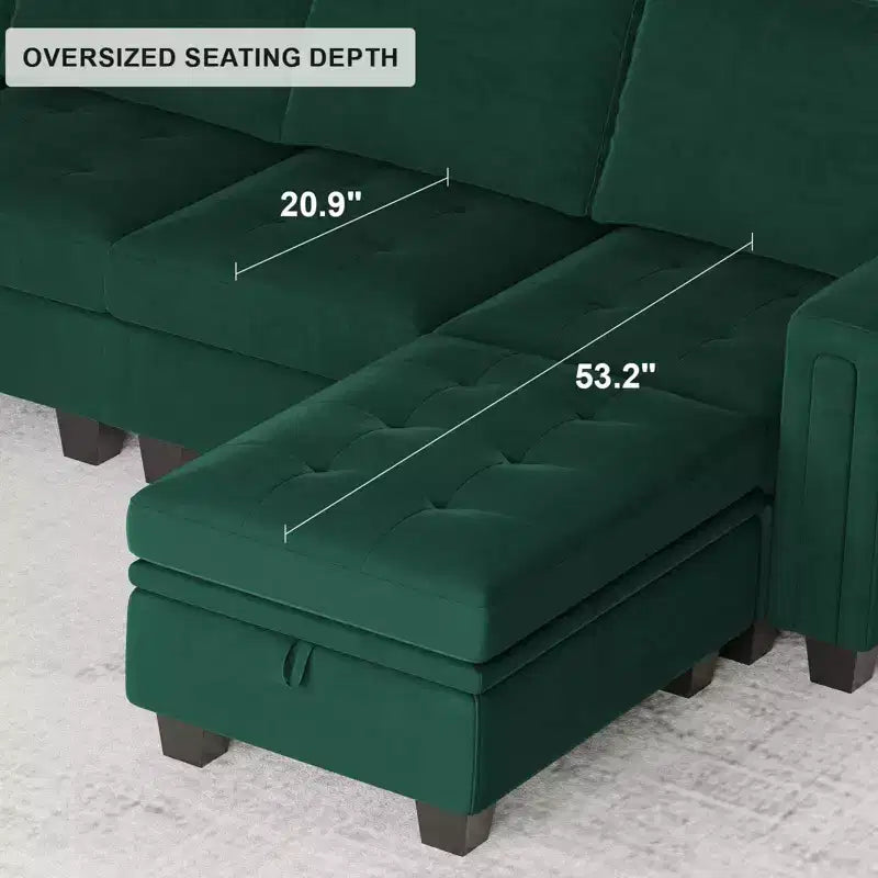 Canapé d'angle modulable Belffin en velours capitonné en forme de L avec pouf de rangement Canapé sectionnel avec méridiennes réversibles