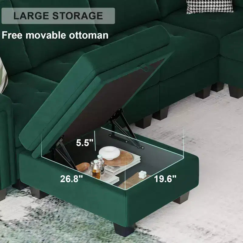 Canapé d'angle modulable Belffin en velours capitonné en forme de L avec pouf de rangement Canapé sectionnel avec méridiennes réversibles