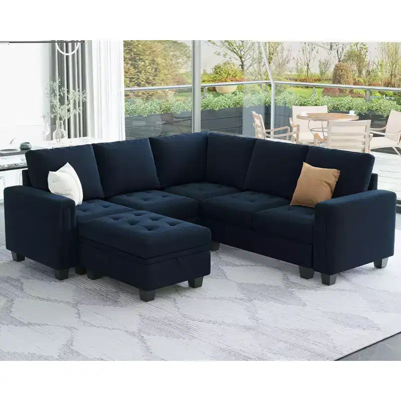 Canapé d'angle modulable Belffin en velours capitonné en forme de L avec pouf de rangement Canapé sectionnel avec méridiennes réversibles