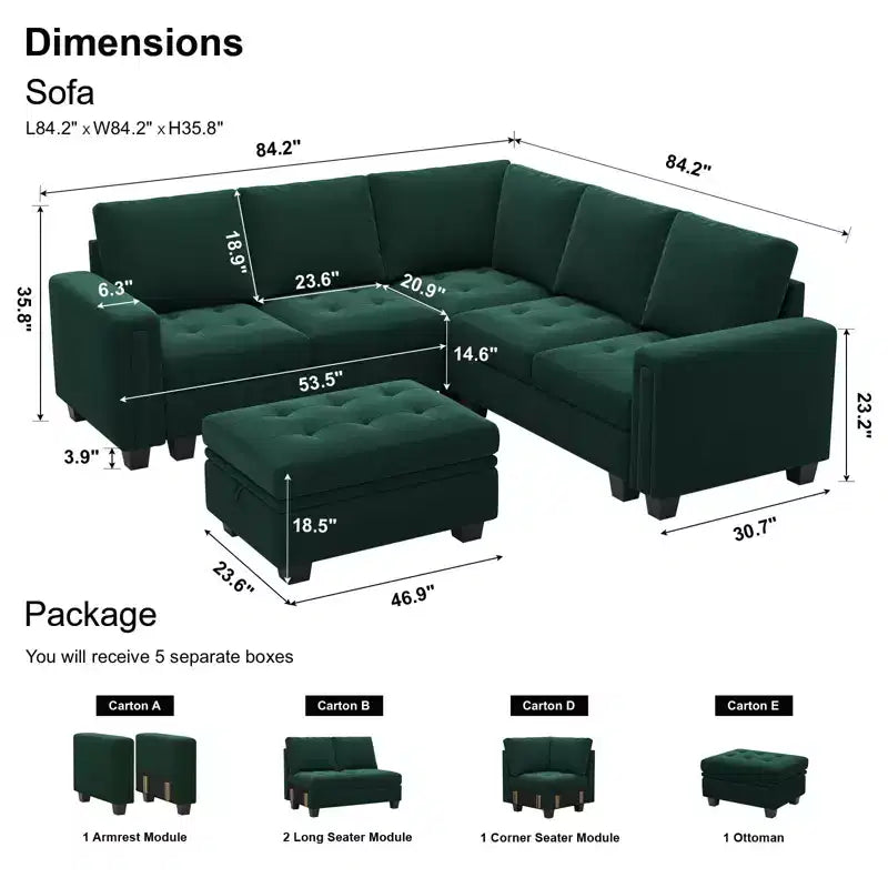 Canapé d'angle modulable Belffin en velours capitonné en forme de L avec pouf de rangement Canapé sectionnel avec méridiennes réversibles