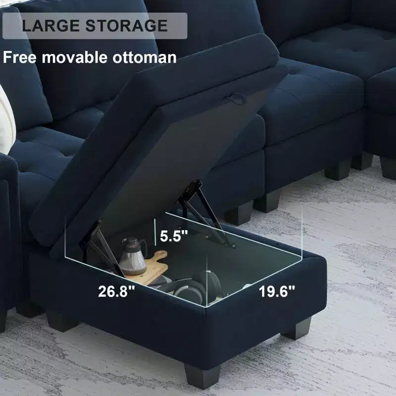 Canapé d'angle modulable Belffin en velours capitonné en forme de L avec pouf de rangement Canapé sectionnel avec méridiennes réversibles