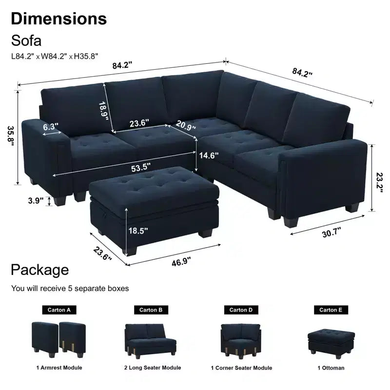 Canapé d'angle modulable Belffin en velours capitonné en forme de L avec pouf de rangement Canapé sectionnel avec méridiennes réversibles