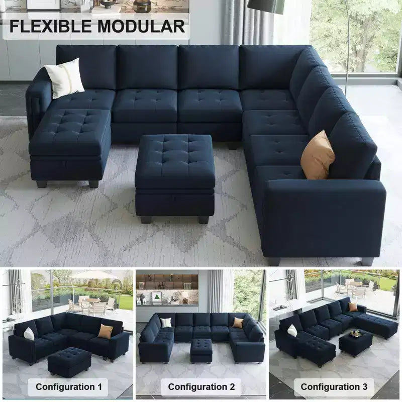 Canapé d'angle modulable Belffin en velours capitonné en forme de L avec pouf de rangement Canapé sectionnel avec méridiennes réversibles