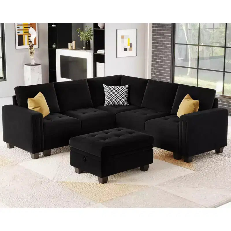 Canapé d'angle modulable Belffin en velours capitonné en forme de L avec pouf de rangement Canapé sectionnel avec méridiennes réversibles