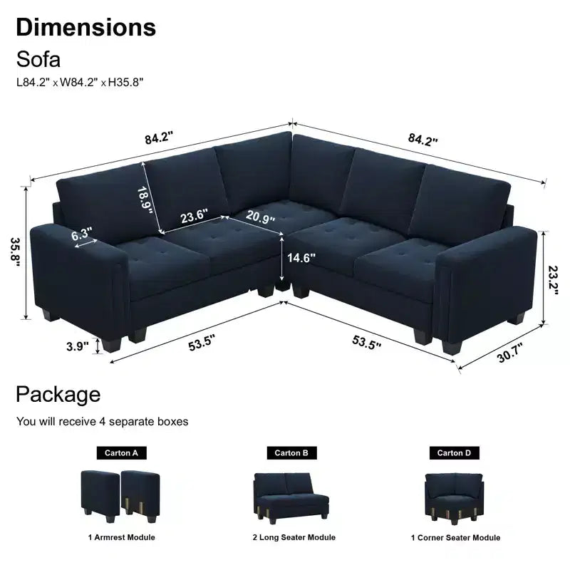 Canapé d'angle en velours capitonné modulaire en forme de L 4 places Belffin