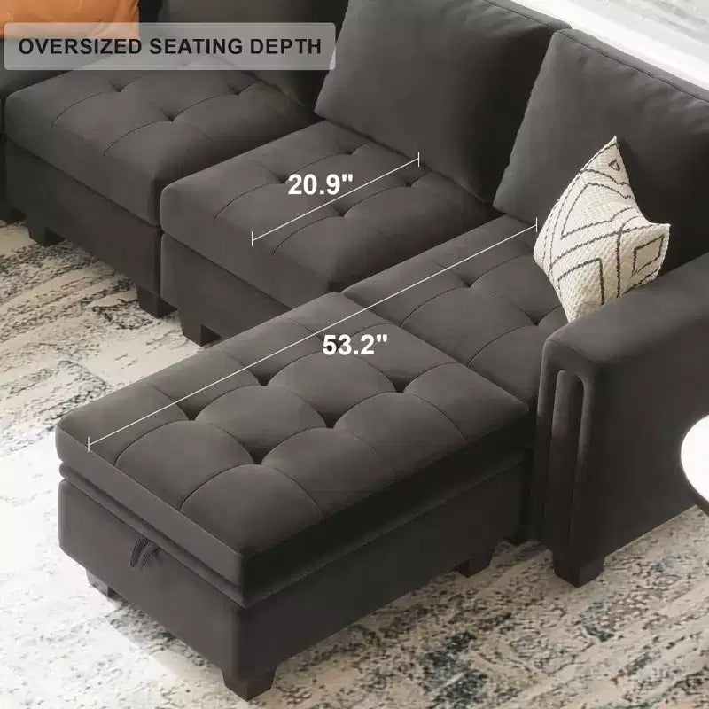 Canapé d'angle en velours capitonné modulaire en forme de L 4 places Belffin
