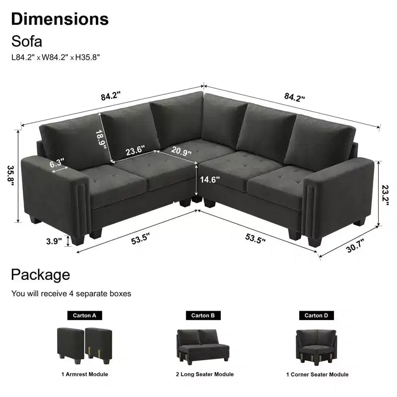 Canapé d'angle en velours capitonné modulaire en forme de L 4 places Belffin