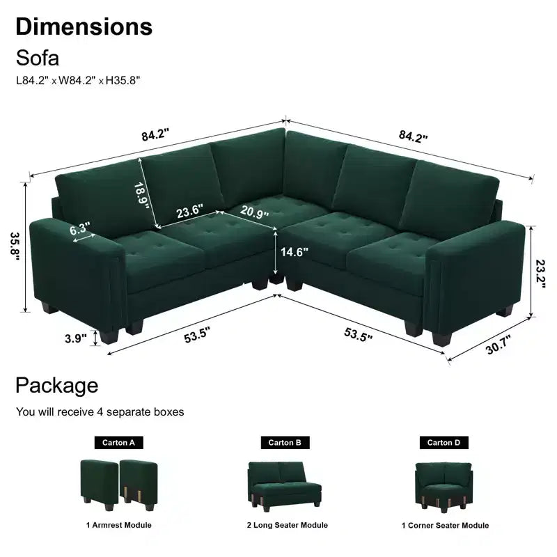 Canapé d'angle en velours capitonné modulaire en forme de L 4 places Belffin
