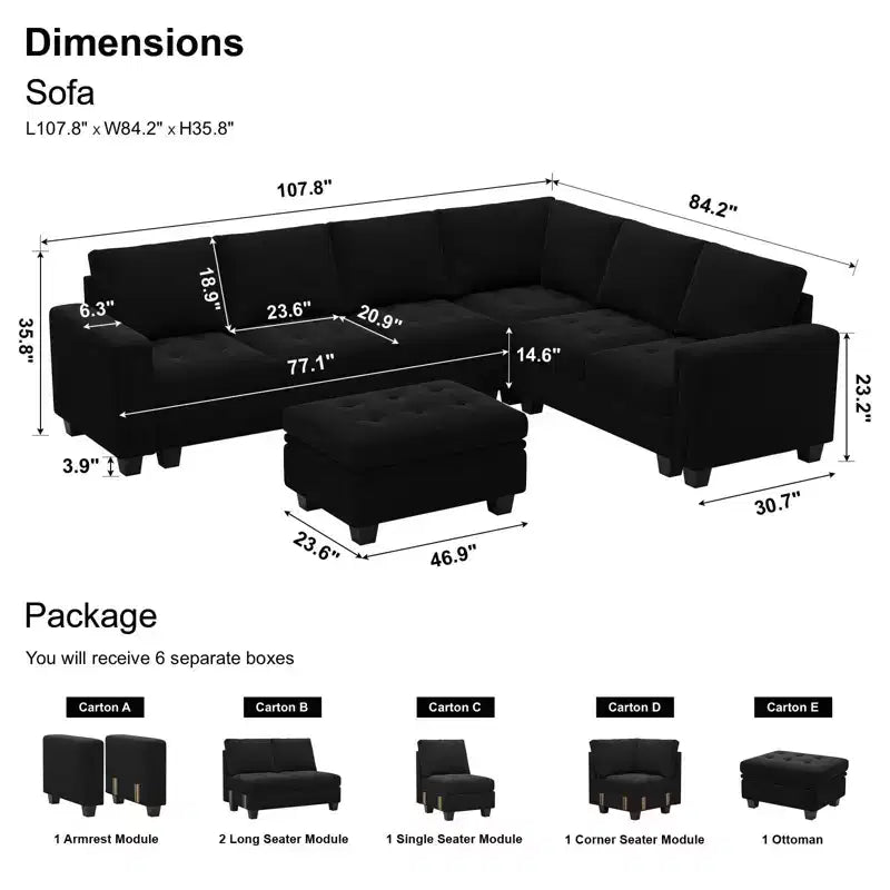 Canapé d'angle modulable en velours tufté Belffin avec méridienne réversible, ensemble de canapés modulables convertibles avec pouf de rangement